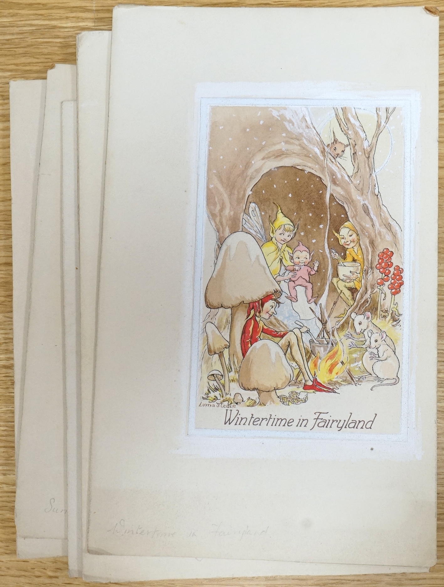 Lorna Steele (1902-1990), a set of six original watercolours for children's postcard artworks, Fun in Fairyland, each signed and inscribed, unframed, largest 27 x 16cm
